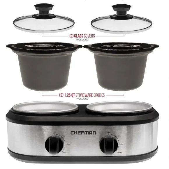 Chefman Double Round Crock Slow Cooker + Buffet Server 2.5 Quart Capacity - Picture 3 of 6